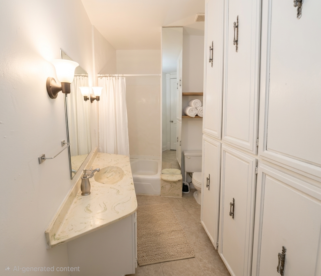 306 Woodward Unit 1 bathroom with long vanity, built-in storage cabinets, and tub shower