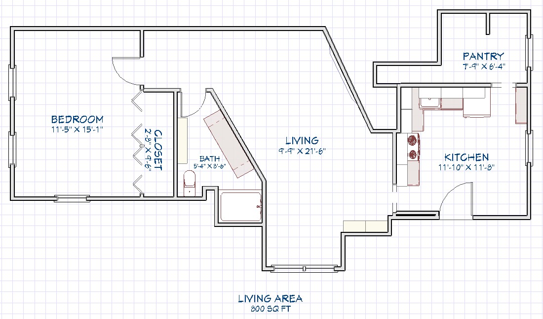Floor plan for 306 Woodward Unit 1 - 800 sq ft one-bedroom apartment