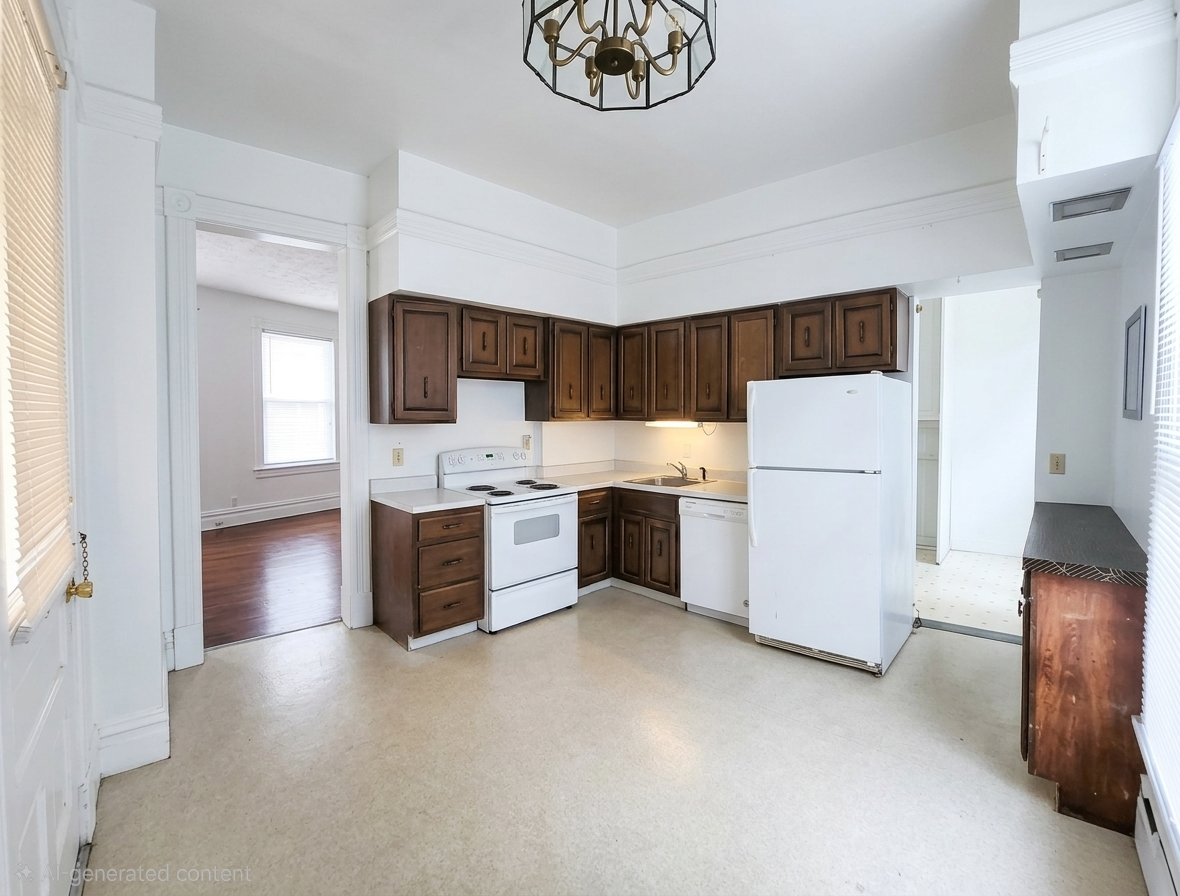 306 Woodward Unit 1 kitchen with dark wood cabinets, white appliances, and bright natural light