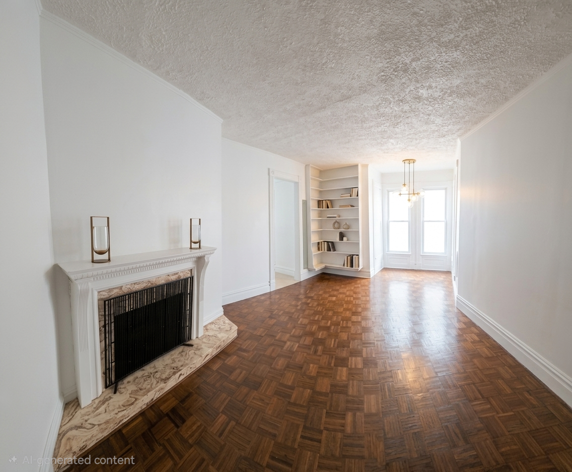 306 Woodward Unit 1 living room with decorative fireplace, built-in shelves, and hardwood flooring