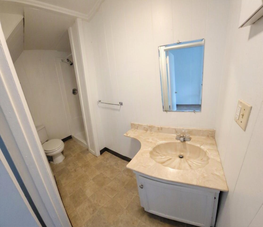 306 Woodward Unit 3 bathroom with vanity, mirror, toilet, and tub shower