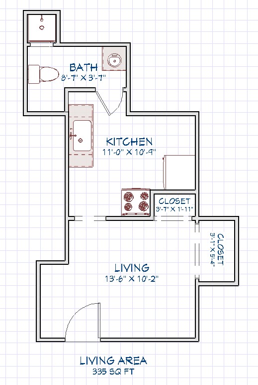 Floor plan for 306 Woodward Unit 3 - 335 sq ft studio apartment