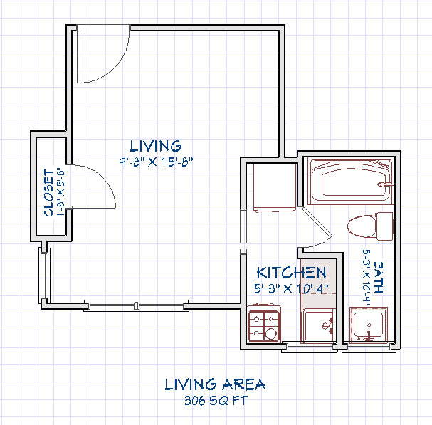 Floor plan for 312 Woodward Unit 6 showing a large main living room, separate kitchen, full bath, and entry closet
